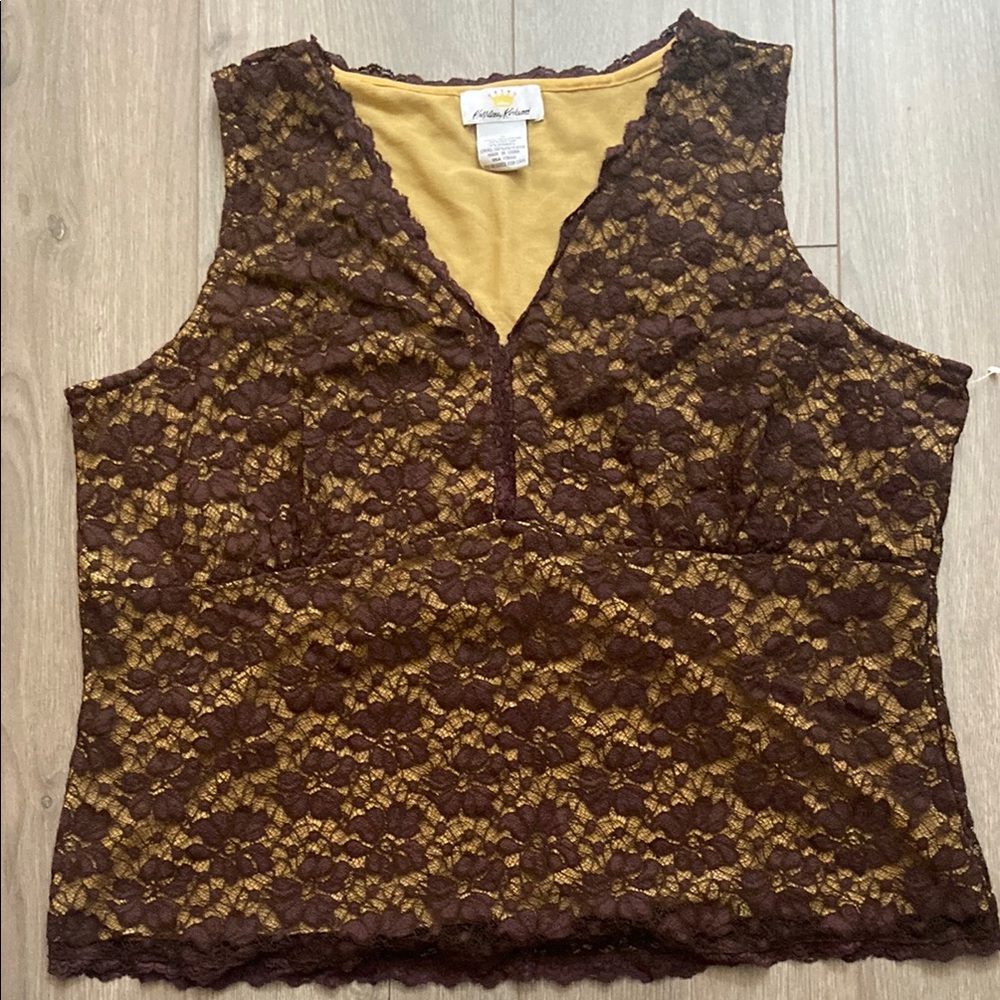 KATHLEEN KIRKWOOD V-NECK SLEEVELESS LACE TOP COFFEE BROWN NWOT